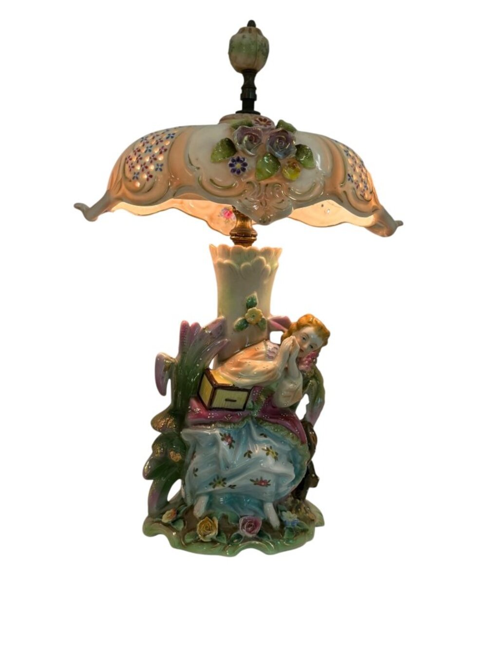Vtg Ardalt Lenwile Porcelain Table Lamp Seated Woman w/Box Bell Shade Floral